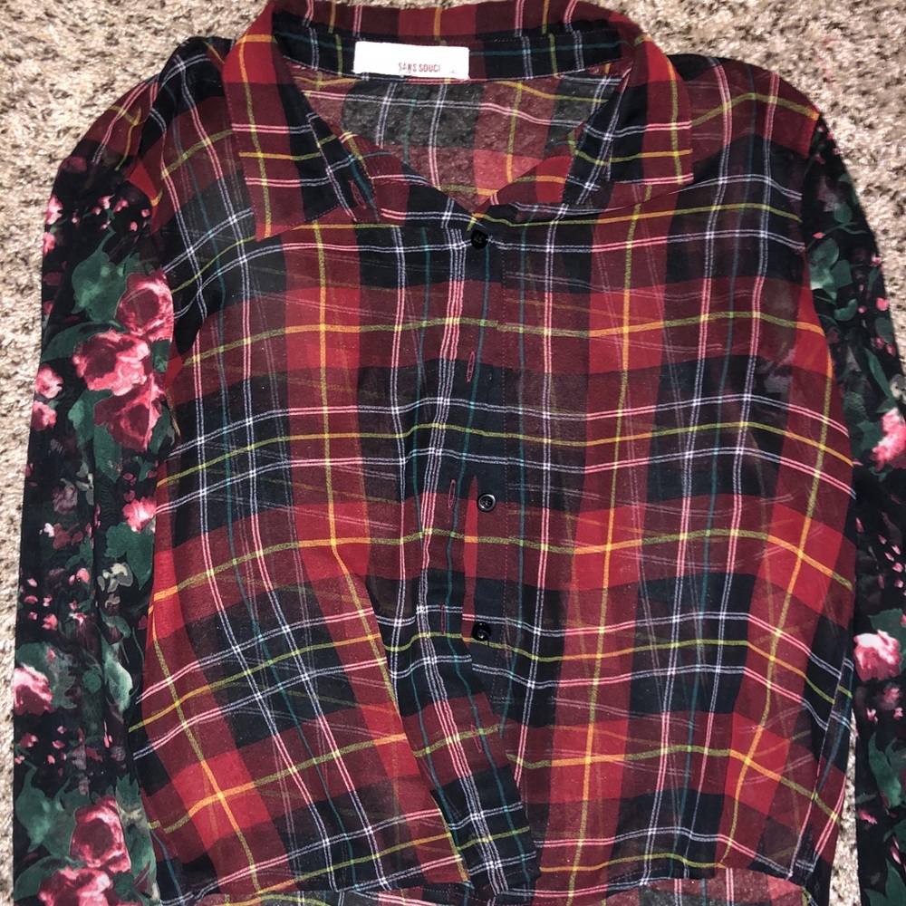 Sheer button down shirt, plaid with flower sleeves